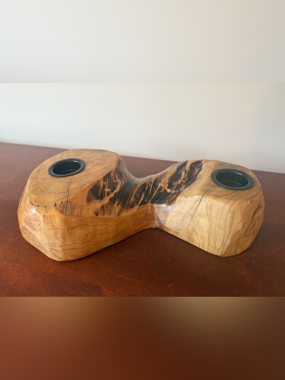 Handcrafted Natural Wood Double Tealight Holder - Brown